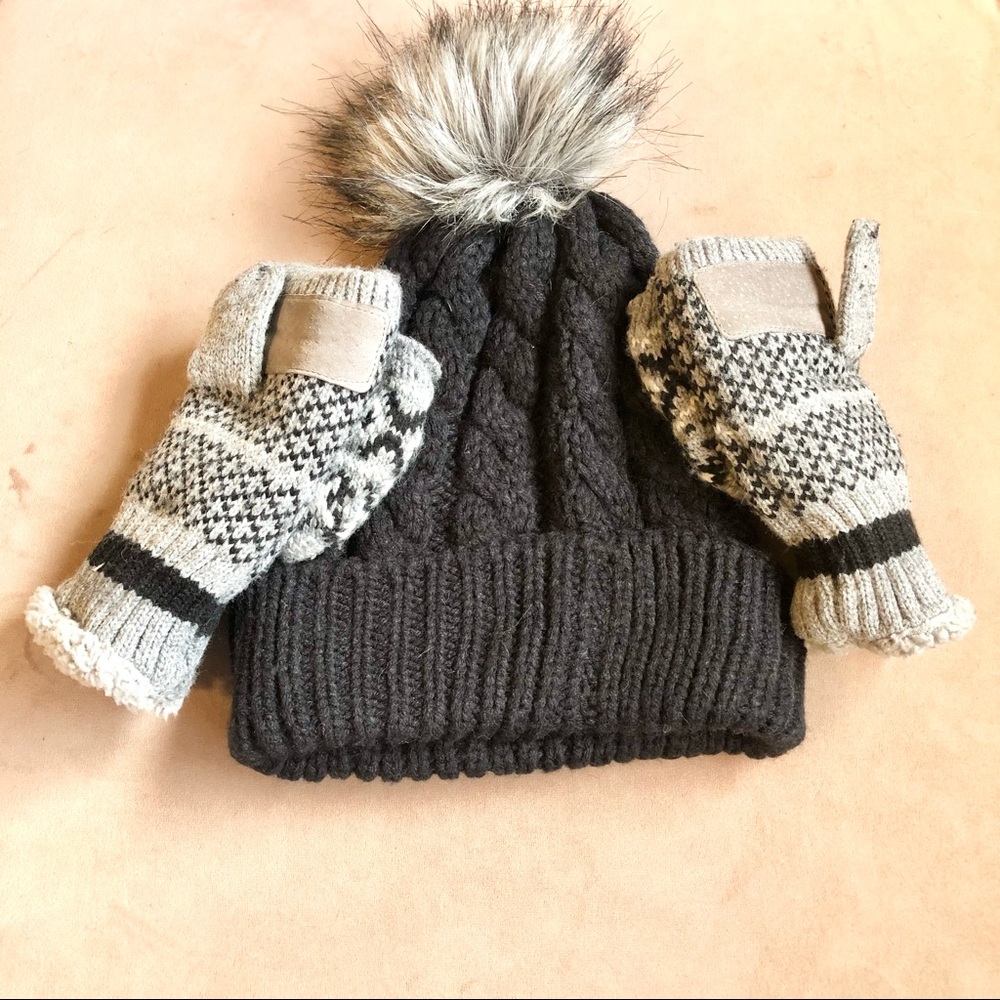 Pom Pom Beanie and Convertible Mittens Set Black and Grey Cable Knit Faux Fur
